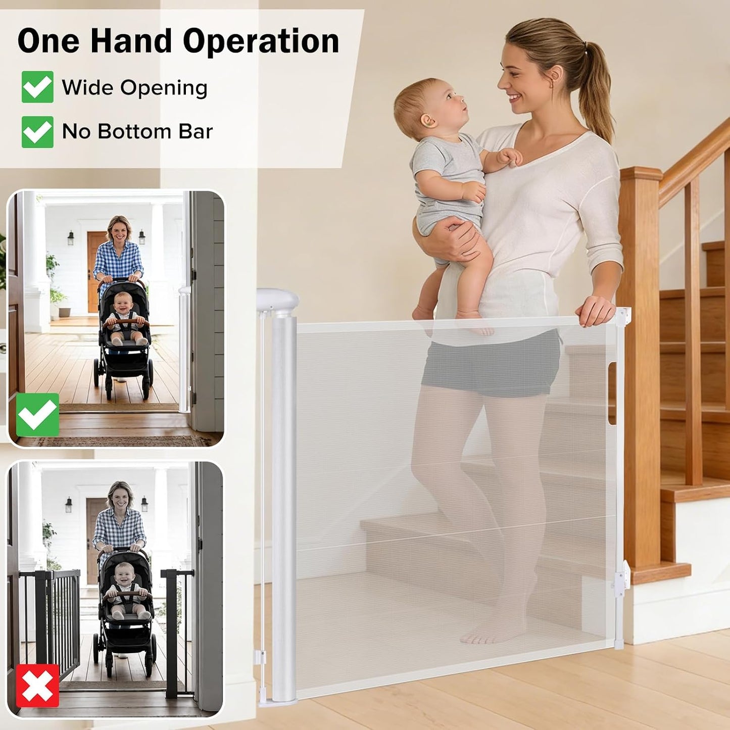 Retractable Baby Safety Gate, 33.8" Tall Extends to 55" Wide, Dual Lock, Adjustable Mounting, Extendable Pet Gate for Hallways, Stairs, Indoor & Outdoor（White）