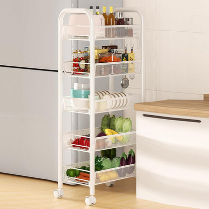 5-Tier Rolling Cart, Stackable Fruit Vegetable Rack, Kitchen Mesh Storage Basket with 360 Degree Wheels, Snack Cart for Kitchen Pantry Bathroom Organizer Heighten Guardrail Detachable (5-Tier Black)