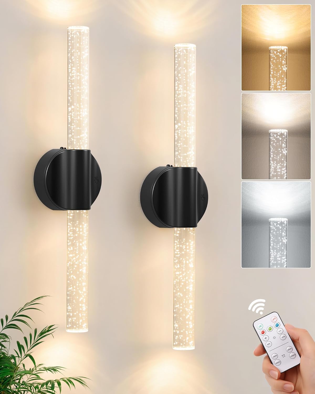 Peel and Stick on Gold Battery Operated Wall Sconces Set of 2, Rechargeable Magnetic Linear Wall Lights for Bedroom, Wireless Sconces with Remote&Touch Control, 3CCT&Dimmable Wall Lamp for Living Room
