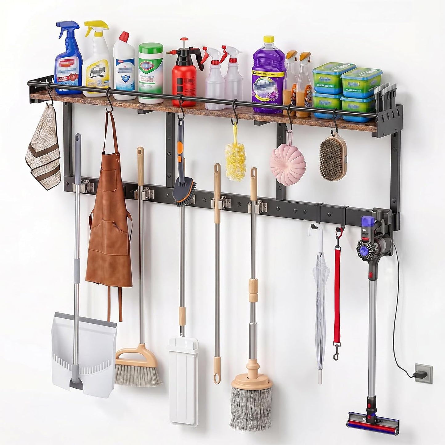 Broom Holder Wall Mount with Shelf,Broom Hanger,3 in 1 Broom and Mop Organizer Wall Hanging for Laundry,Garage,Utility,Broom Rack,Vacuum Stand Alternative,Cleaning Supplies Organizer Storage,White,L
