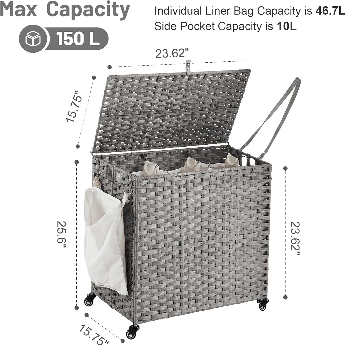 Laundry Hamper with Wheels, 34.3 Gallon(130L) Rolling Laundry Basket with Lid, 3-Section Rattan Clothes Hamper with 3 Removable Liner & 3 Mesh Bags, Laundry Sorter with Side Pocket, Brown