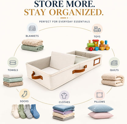 HOMELUX THEORY 2pc Low Profile Under Bed Storage Containers, Thin Under Couch Storage Organizer with Bins & Lids, Underbed Storage Box Ideal for Seasonal Clothes, Blankets, Fabric & Shoes (Ivory)