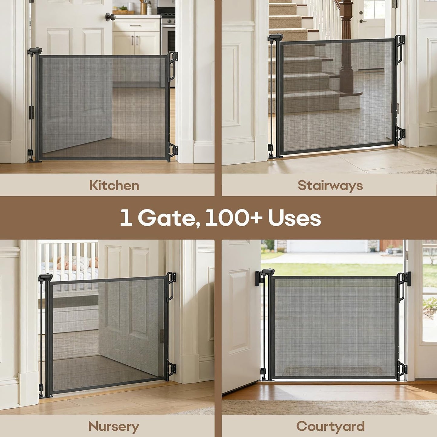 SPACEANY Retractable Safety Baby Gate or Mesh Dog Gate,Durable Portable Mesh Retractable Gate,Easy to Use for Stairs, Doorways, Hallways, Indoor, Outdoor, 33.5" Tall, Up to 45" Wide, Cream