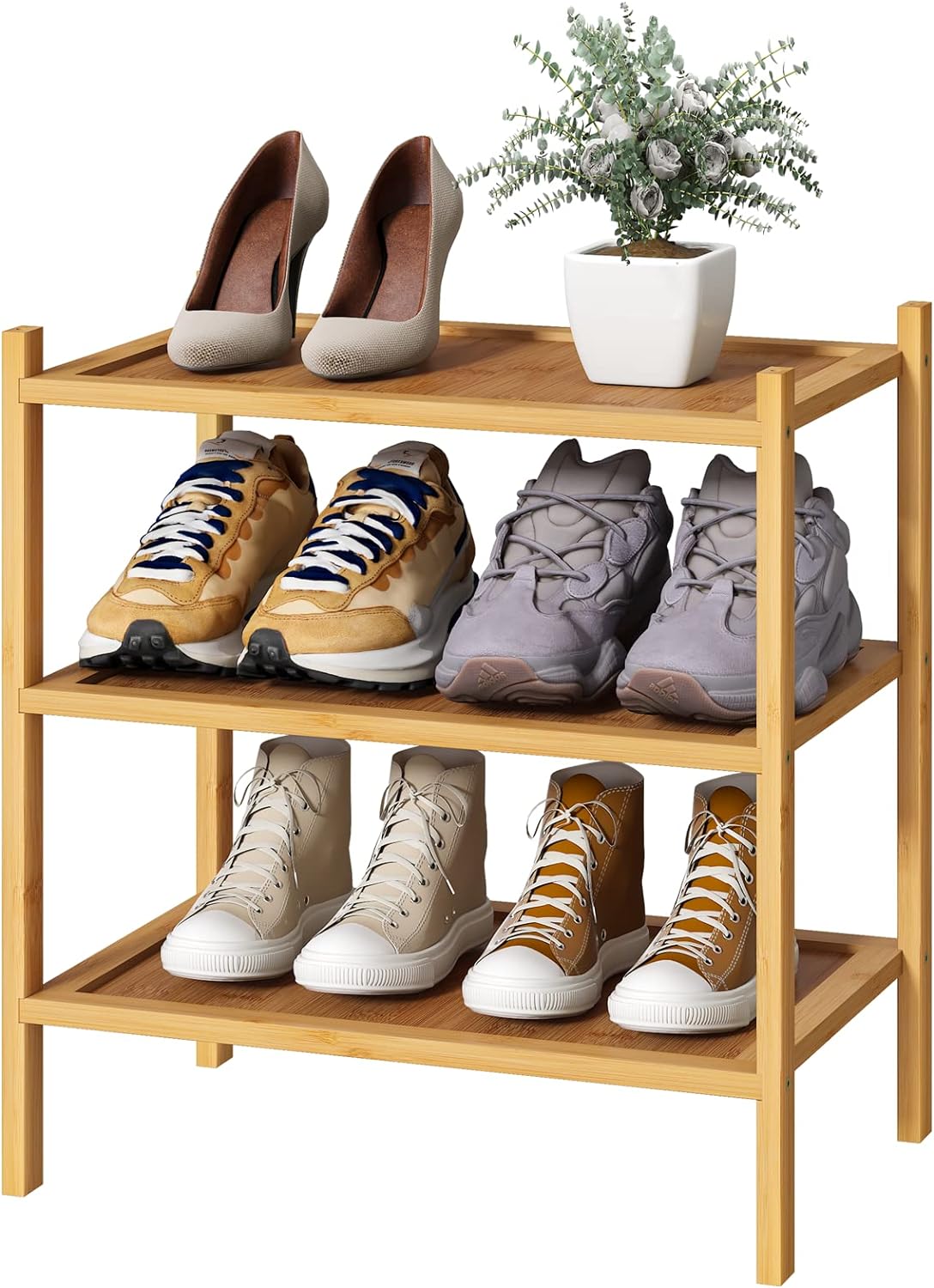 kiplant Small Shoe Rack, 4-Tier Bamboo Wood Shoe Rack for Entryway, Stackable Shoe Organizer for Hallway Closet, Free Standing Shoe Racks for Indoor & Outdoor