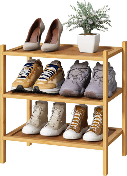 kiplant Small Shoe Rack, 4-Tier Bamboo Wood Shoe Rack for Entryway, Stackable Shoe Organizer for Hallway Closet, Free Standing Shoe Racks for Indoor & Outdoor