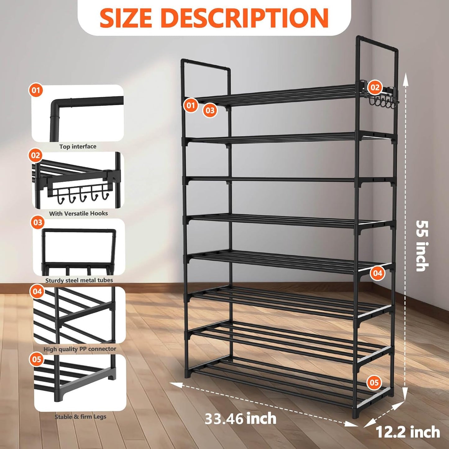 Hsscblet 5 Tiers Metal Shoe Rack,Adjustable Shoe Shelf Storage Organizer with Hooks,Stackable Boot & Shoe Storage,for Entryway,Hallway,Closet,Black
