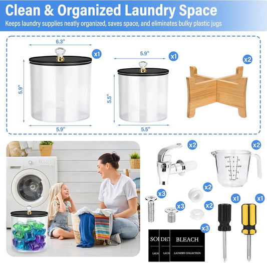 Laundry Detergent Dispenser Set 2 Pack Large & Small Liquid Laundry Soap Dispensers with Bamboo Stands Acrylic Laundry Detergent Containers Total Capacity About 1.25 Gallons Laundry Room Organization