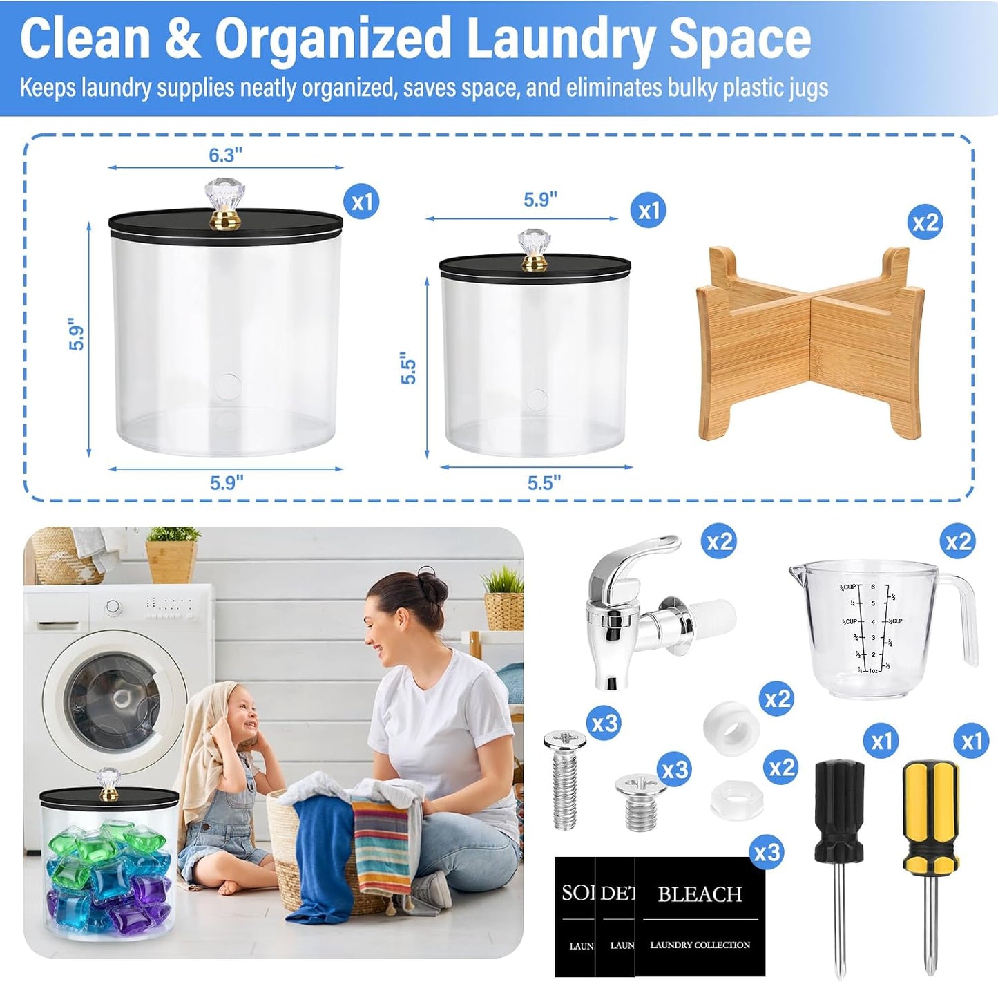 Laundry Detergent Dispenser Set, 2 Pack Large and Small Acrylic Containers with Bamboo Stands, 1.25 Gallon Total, Laundry Room Organization
