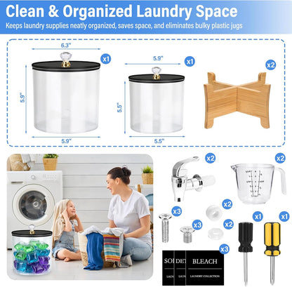Laundry Detergent Dispenser Set, 2 Pack Large and Small Acrylic Containers with Bamboo Stands, 1.25 Gallon Total, Laundry Room Organization
