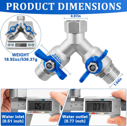 Garden Hose Splitter 2 Way, Heavy Duty Brass Hose Splitter, 3/4" GHT Hose Y Splitter with Shutoff, Full Flow Outdoor Faucet Splitter, Water Hose Y Valve Tap Adapter