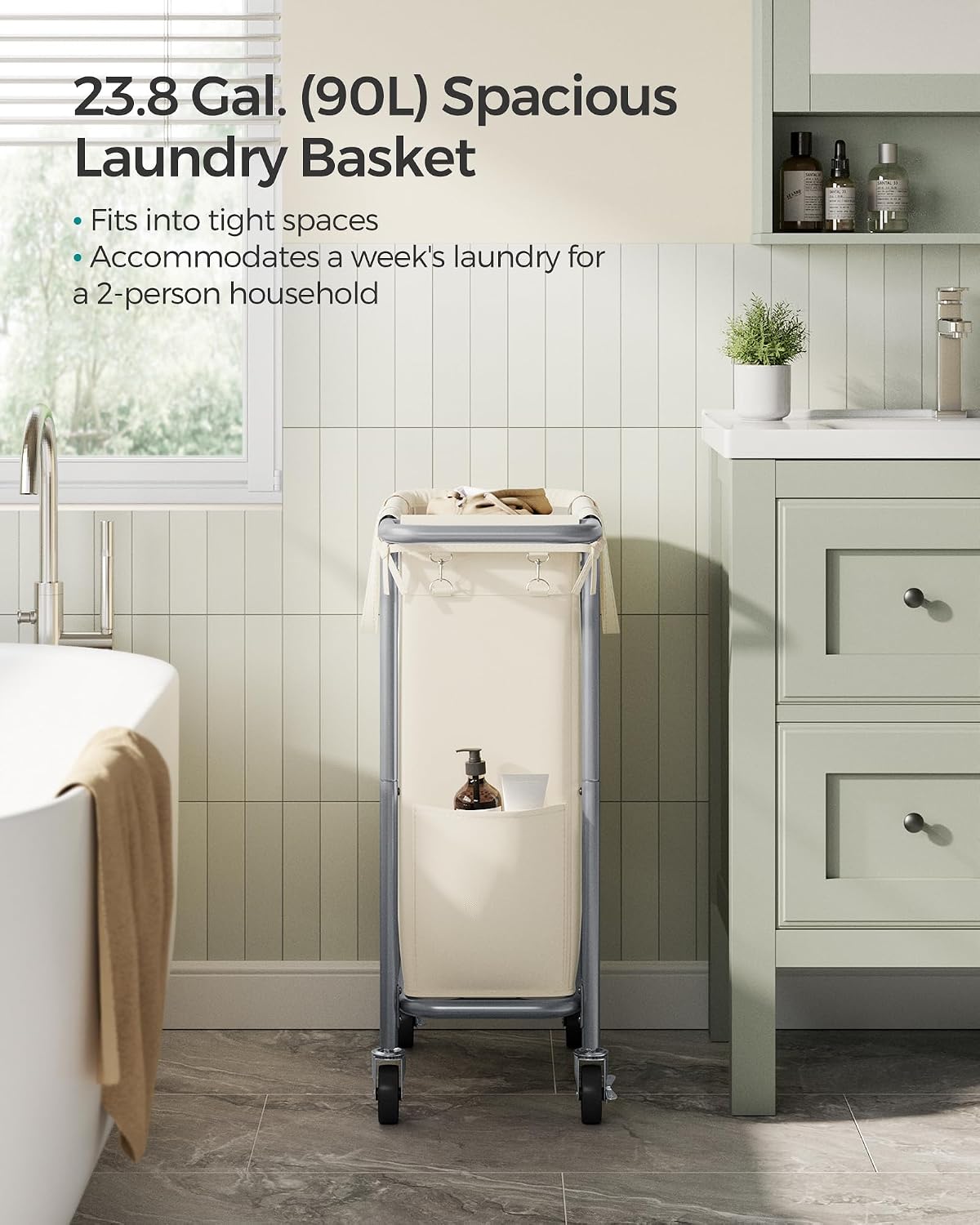 SONGMICS Laundry Basket with Wheels, 3-Section Rolling Laundry Hamper, 52.8 Gallons (200 L), Removable Liner, Steel Frame with Handle, 35.8 x 15.4 x 31.9 Inches, Cream White URLS005W01
