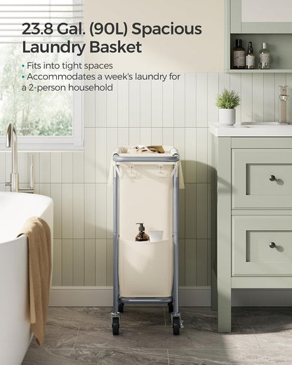SONGMICS Laundry Basket with Wheels, 3-Section Rolling Laundry Hamper, 52.8 Gallons (200 L), Removable Liner, Steel Frame with Handle, 35.8 x 15.4 x 31.9 Inches, Cream White URLS005W01