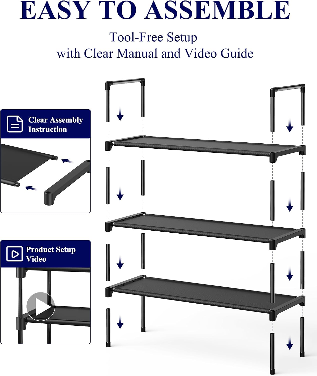 Kitsure Shoe Rack - 3-Tier Shoe Organizer, Shoe Rack for Closet, Entryway, Bedroom, Easy- Assembly Storage Shelf with Side Handles, 27.6" Wide - 3 Tiers, Grey