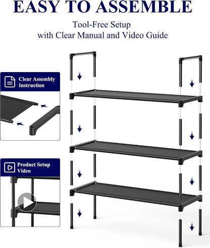 Kitsure Shoe Rack - 3-Tier Shoe Organizer, Shoe Rack for Closet, Entryway, Bedroom, Easy- Assembly Storage Shelf with Side Handles, 27.6" Wide - 3 Tiers, Grey
