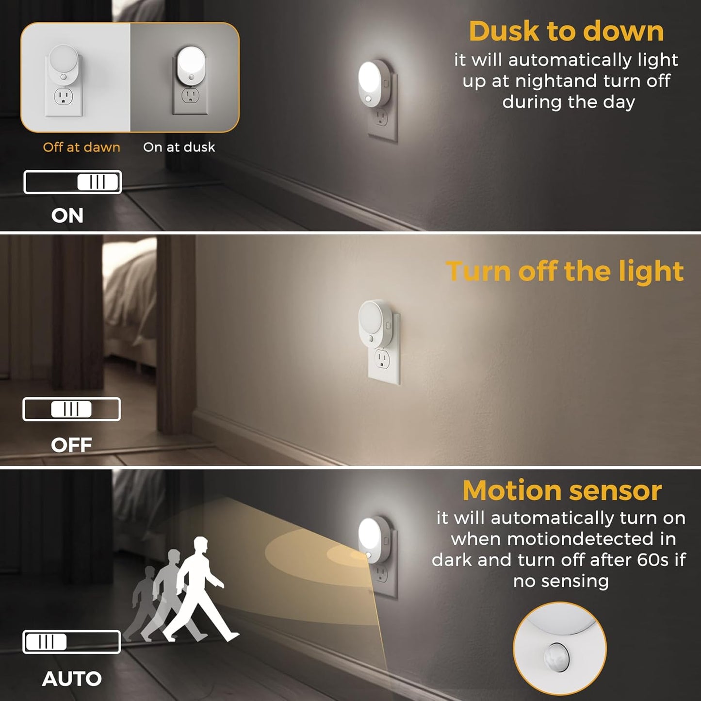 L LOHAS LED Motion Sensor Night Light,[2-PACK] Night Lights Plug into Wall,Motion Sensor and Dusk to Dawn Sensor,3000K Soft White,30/60/100lm Brightness Dimmable,Nightlight for Bathroom Hallway