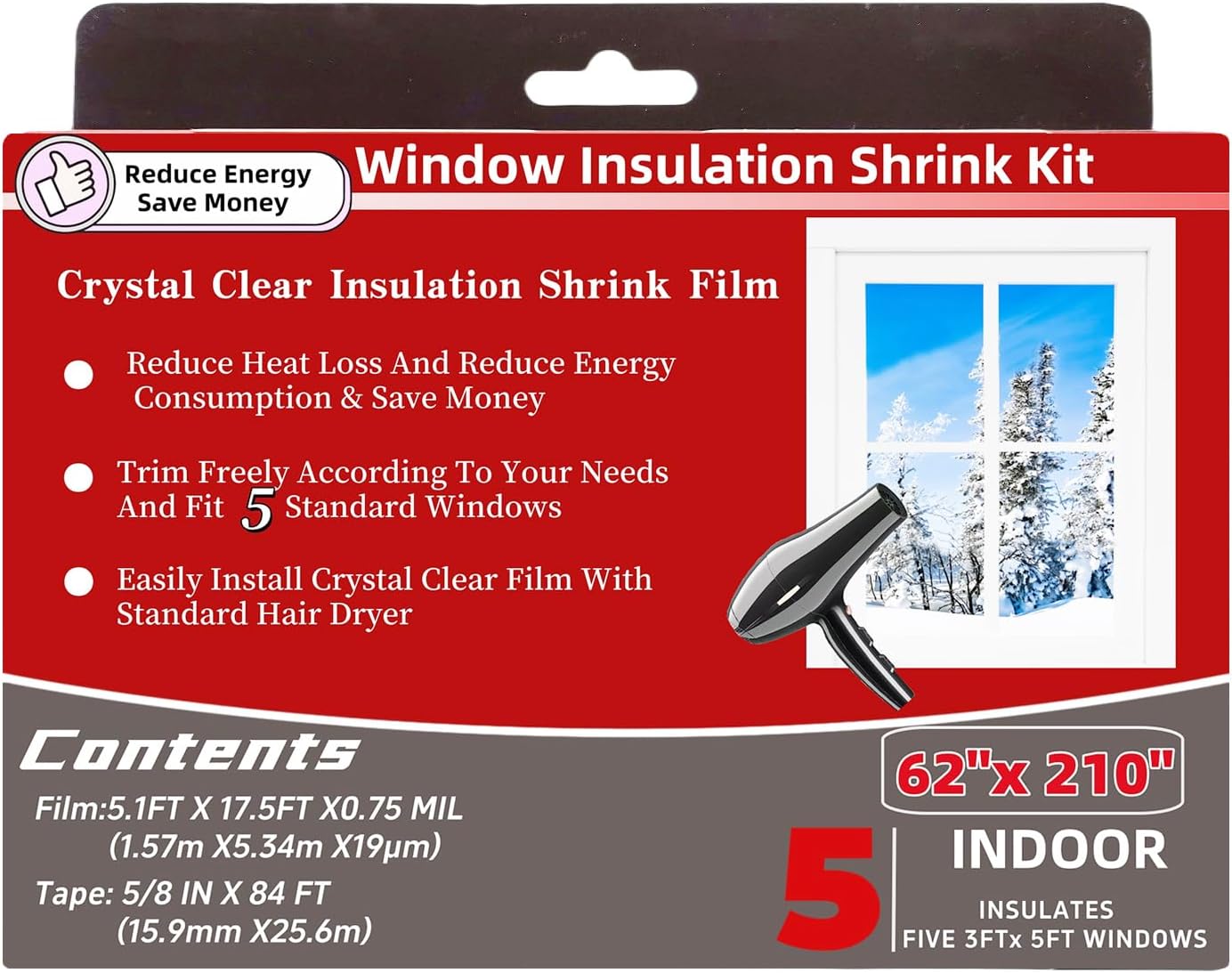 10-Window Shrink Film Window Insulation kit（62-Inch x 420-Inch），Insulating Film Window Kit Keeps Cold Air Out and Warm Air in (10 Windows)