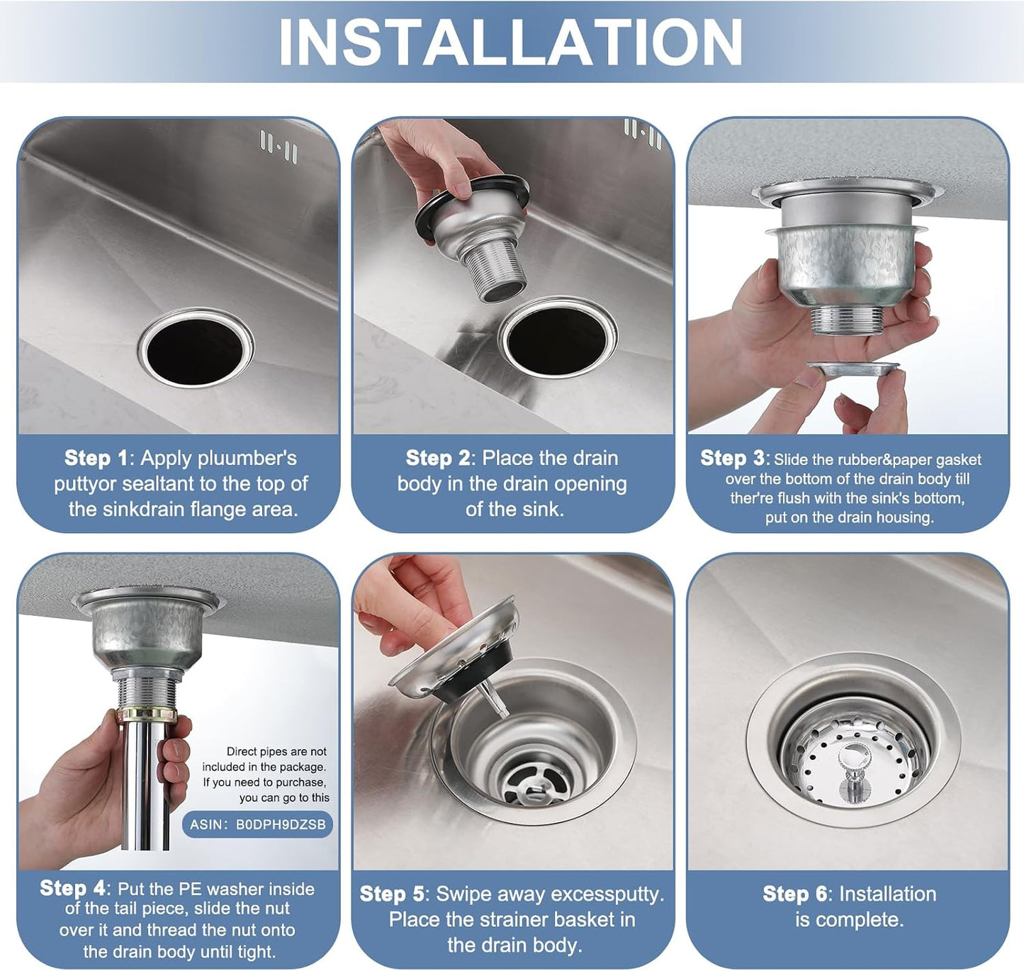 ZM Kitchen Sink Stainless Steel Basket Strainer with Drain Assembly, 3-1/2 Inch Sink Drain Stopper Plug