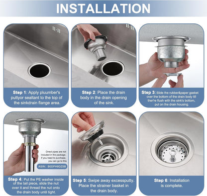 ZM Kitchen Sink Stainless Steel Basket Strainer with Drain Assembly, 3-1/2 Inch Sink Drain Stopper Plug