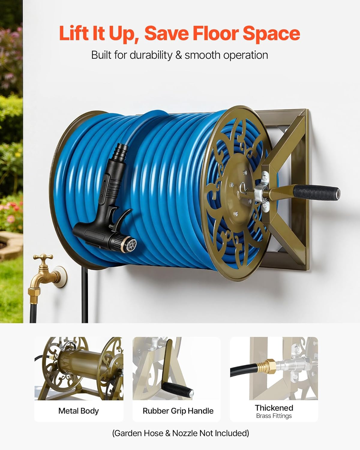 VEVOR Wall Mounted Garden Hose Reel, Holds 125 ft 5/8-inch Hose, Heavy-Duty Water Hose Winder, Space-Saving Design, Outdoor Manual Reel with Brass Fitting and Storage Basket for Yard Lawn