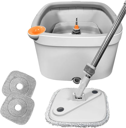 Spin Mop and Bucket Set with 2 Replaceable Microfiber Mop Pads with Self Separation Dirty and Clean Water System, Self Wringing 360° Rotating Square Mop Head for Hardwood Tile Marble Floors