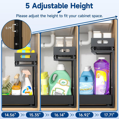 Insputer Upgrade Expandable Under Sink Organizer, 2 Tier Metal Under Cabinet Storage with 3 Slide Rails, Height Adjustable, Thickened Pull Out Drawer Shelf for Bathroom, Kitchen, Laundry, Pantry