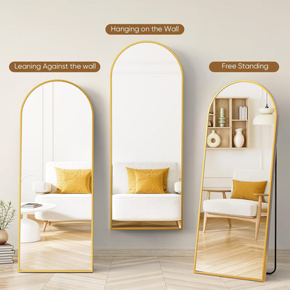 59"x16" Arched Full Length Mirror, Full Body Mirror with Leaning or Standing, Floor Standing Aluminum Frame for Bedroom, Livingroom, Cloakroom, Black