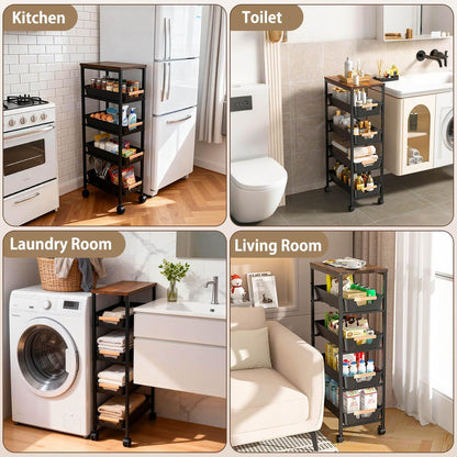 Slim Storage Cart with Wheels Pull-Out 5-Tier Rolling Storage Cart | narrow black 8.07in Wide, Mesh Baskets with Raised Edge, Wood-Grain Top, 360° Lockable Casters, Easy Assembly