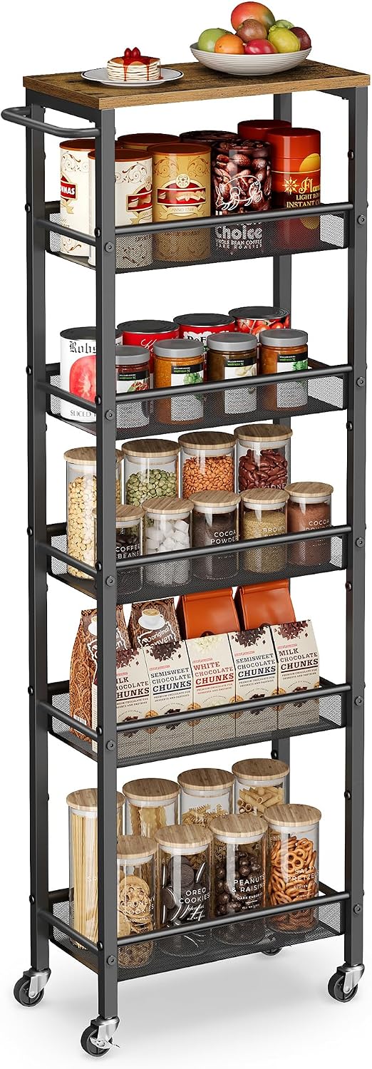 VASAGLE Slim Rolling Cart, 4-Tier Narrow Storage Cart with Handle, 5.1 Inches Deep, Metal Frame, for Kitchen, Dining Room, Living Room, Home Office, Rustic Brown and Classic Black ULRC032B01V1
