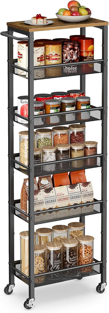 VASAGLE Slim Rolling Cart, 4-Tier Narrow Storage Cart with Handle, 5.1 Inches Deep, Metal Frame, for Kitchen, Dining Room, Living Room, Home Office, Rustic Brown and Classic Black ULRC032B01V1