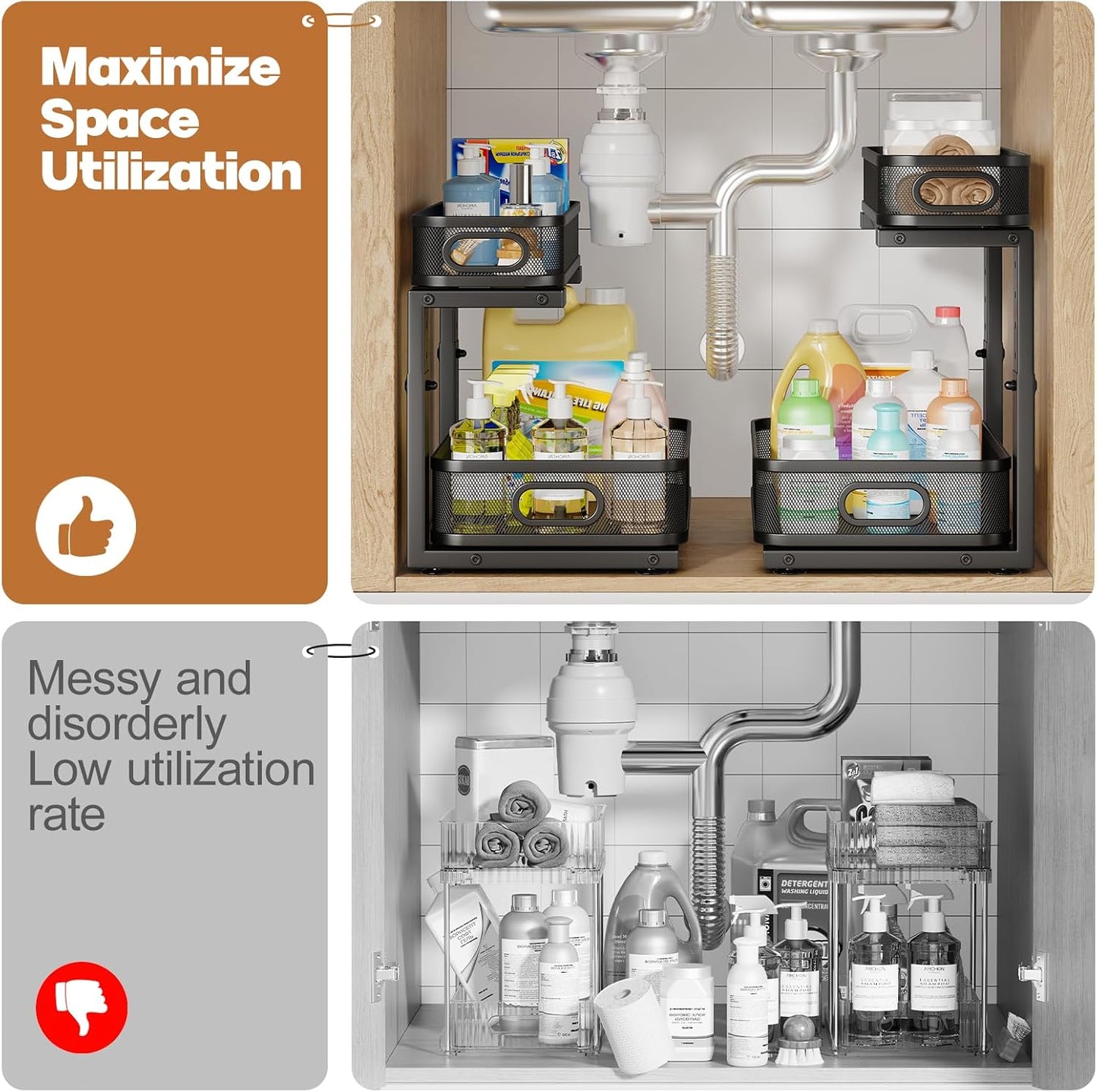 2 Pack Under Sink Organizer With Smooth Cylindrical Rail,2-Tier Pull Out Multi-Purpose Cabinet Storage for Bathroom&Kitchen,Height Adjustable,Rust-resistant Coating-White