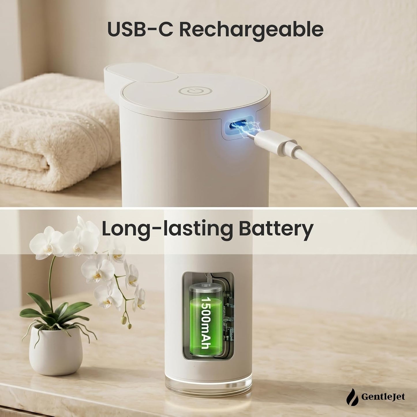 GentleJet EasyFoam Automatic Foaming Soap Dispenser Touchless Sensor, USB-C Rechargeable, 304 Stainless Steel, IPX5 Waterproof for Bathroom Kitchen Sink, 280 ml