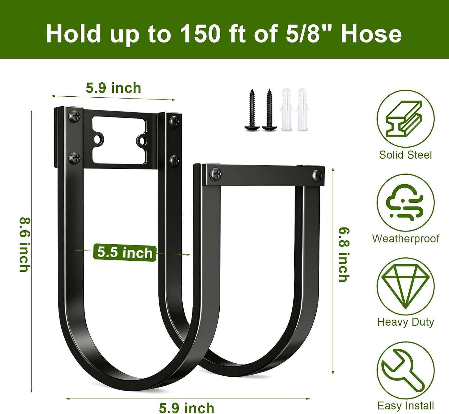 Garden Hose Holder Wall Mount - Heavy Duty Water Hose Holders for Outside, Detachable Garden Hose Hanger Holds 100 Ft, Metal Water Hose Storage for Garden Garage or Yard