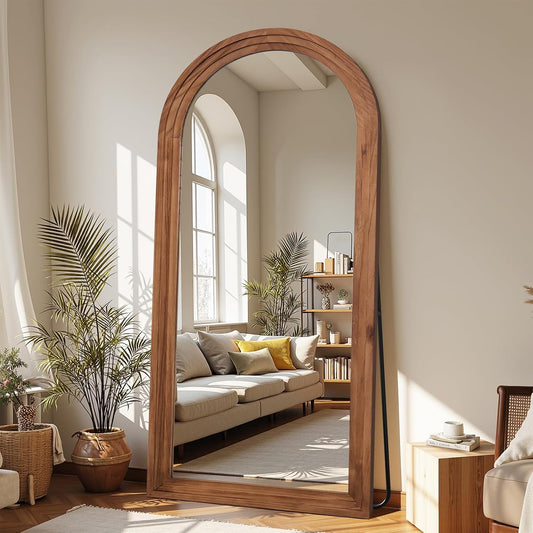 Antok Full Length Mirror with Solid Wood Frame, 71"×32" Wall Mounted Oversized Floor Mirror with Stand, Leaning Standing Hanging for Bedroom Living Room Entryway, Walnut, Arched Syle