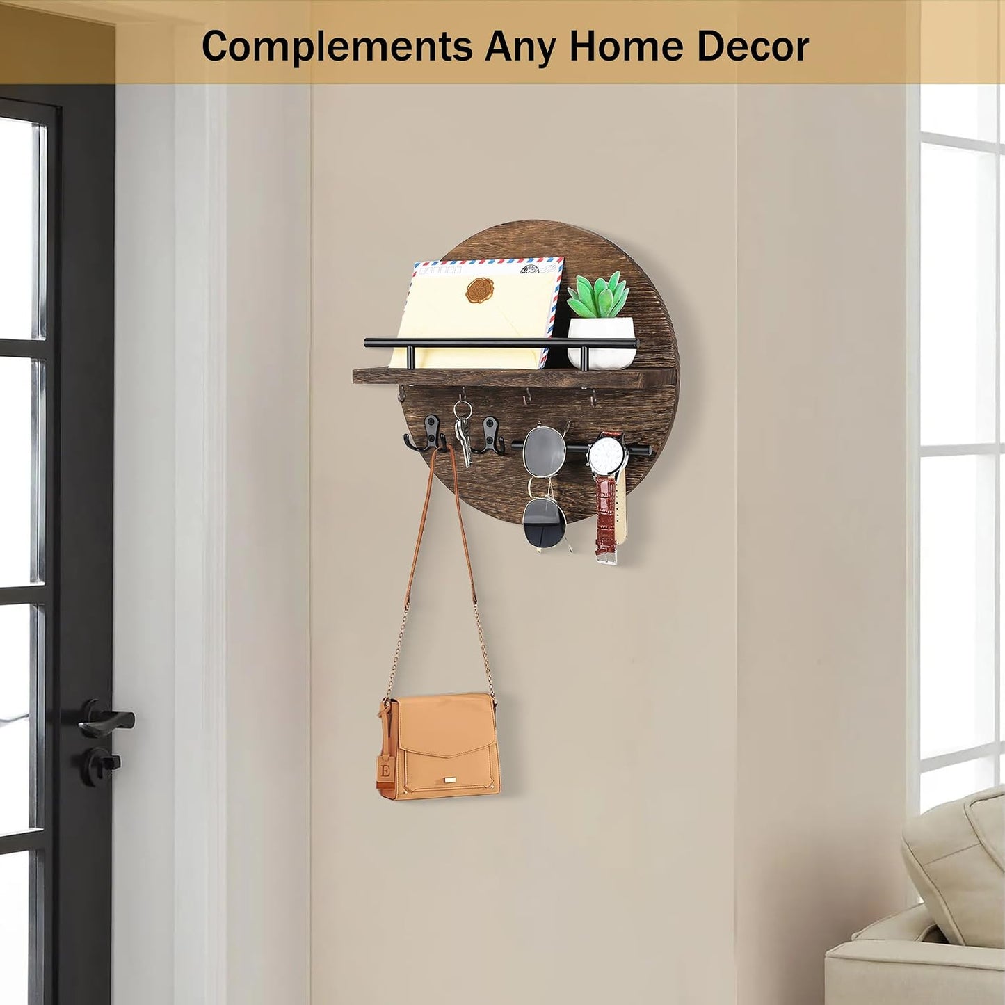 dreampossible Key Holder for Wall Decorative with Shelf and Hooks, Mail Organizer Wall Mount, Circular Design Entryway Key Rack Hanger, Rustic Home Decor (Black)