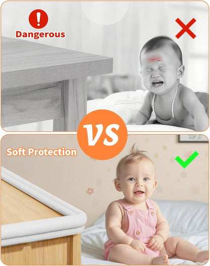 Baby Proofing Edge Protector, 6.6FT, 0.67" Extra Thick, Pre-Taped | L-Shape Air Buffering Soft NBR Rubber Foam Guard, Furniture Corner & Edge Safety Bumpers with 6 Corner Covers, White