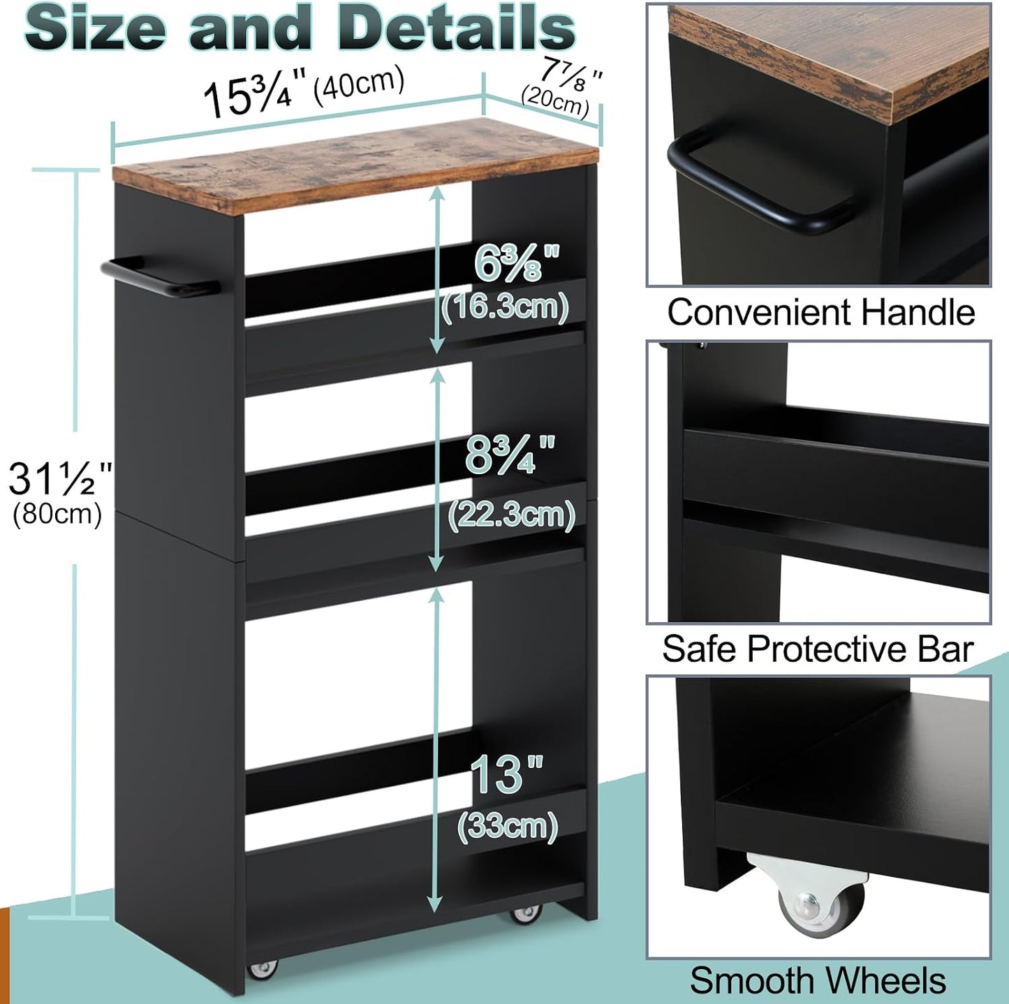 MARTY Slim Rolling Storage Cart 4-Tier Kitchen Cart with Wheels, Laundry Room Storage with Handle Slide Out Utility Cart Shelving Unit Organizer Trolley for Narrow Places Bathroom Small Corner, Black