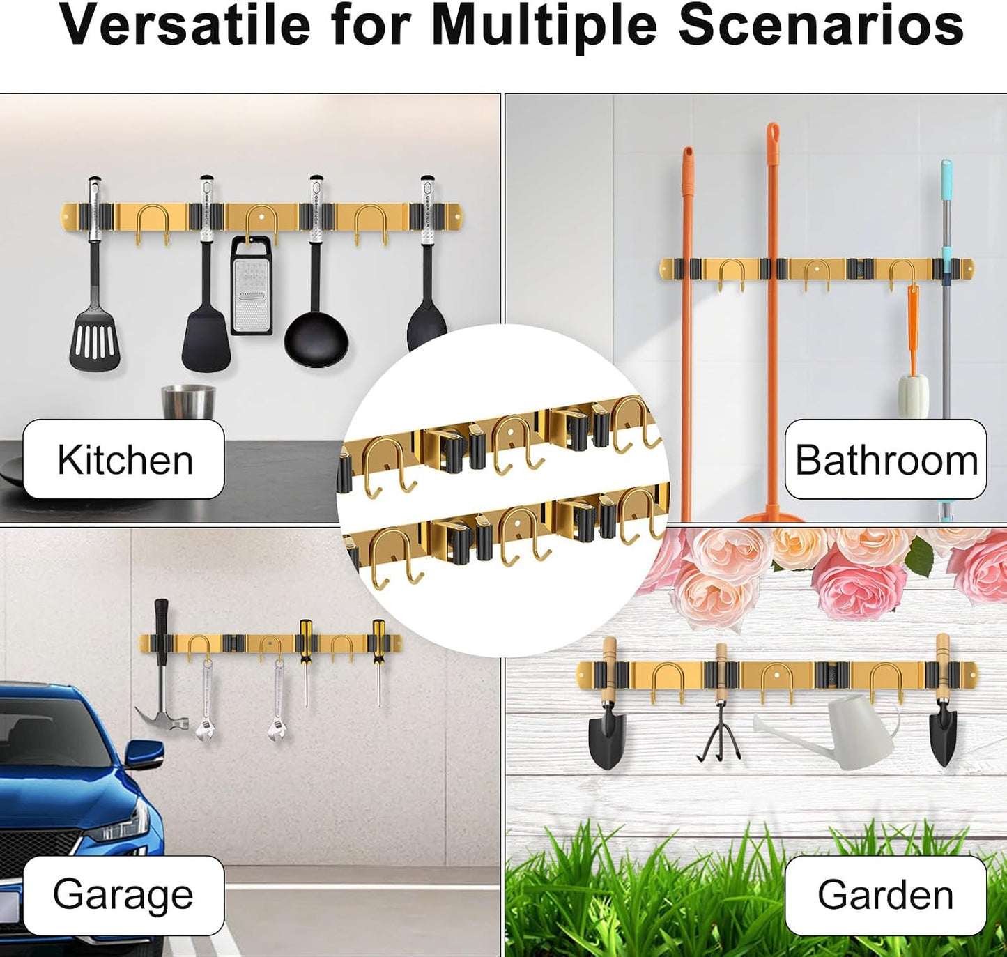 Broom Holder Wall Mount, Stainless Steel Mop Hanger with 4 Slots 6 Hooks, Tool Storage Wall Organizer for Kitchen Garden Garage Laundry Room Bathroom and RV, Black 1-Pack