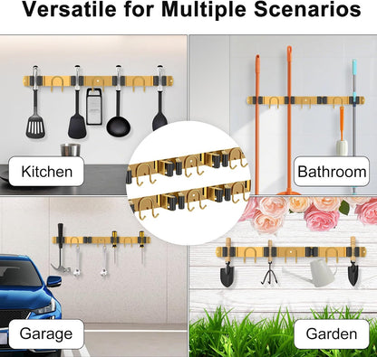 Broom Holder Wall Mount, Stainless Steel Mop Hanger with 4 Slots 6 Hooks, Tool Storage Wall Organizer for Kitchen Garden Garage Laundry Room Bathroom and RV, Black 1-Pack