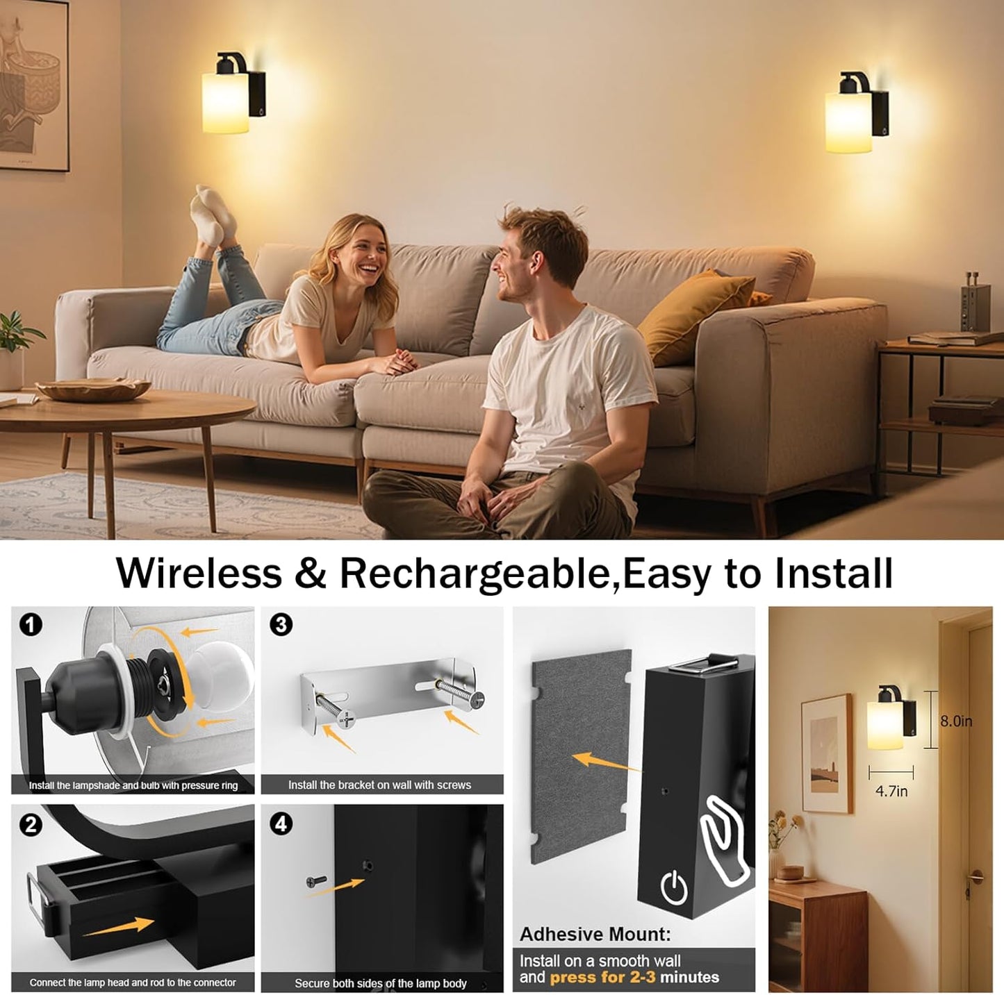 iThird Wall Sconce Battery Operated Set of 2, 6000mAh Rechargeable Wall Lights with Touch Control and Remote Control, Wireless Wall Lamps for Bedroom, Black Sconces Wall Decor for Living Room Hallway