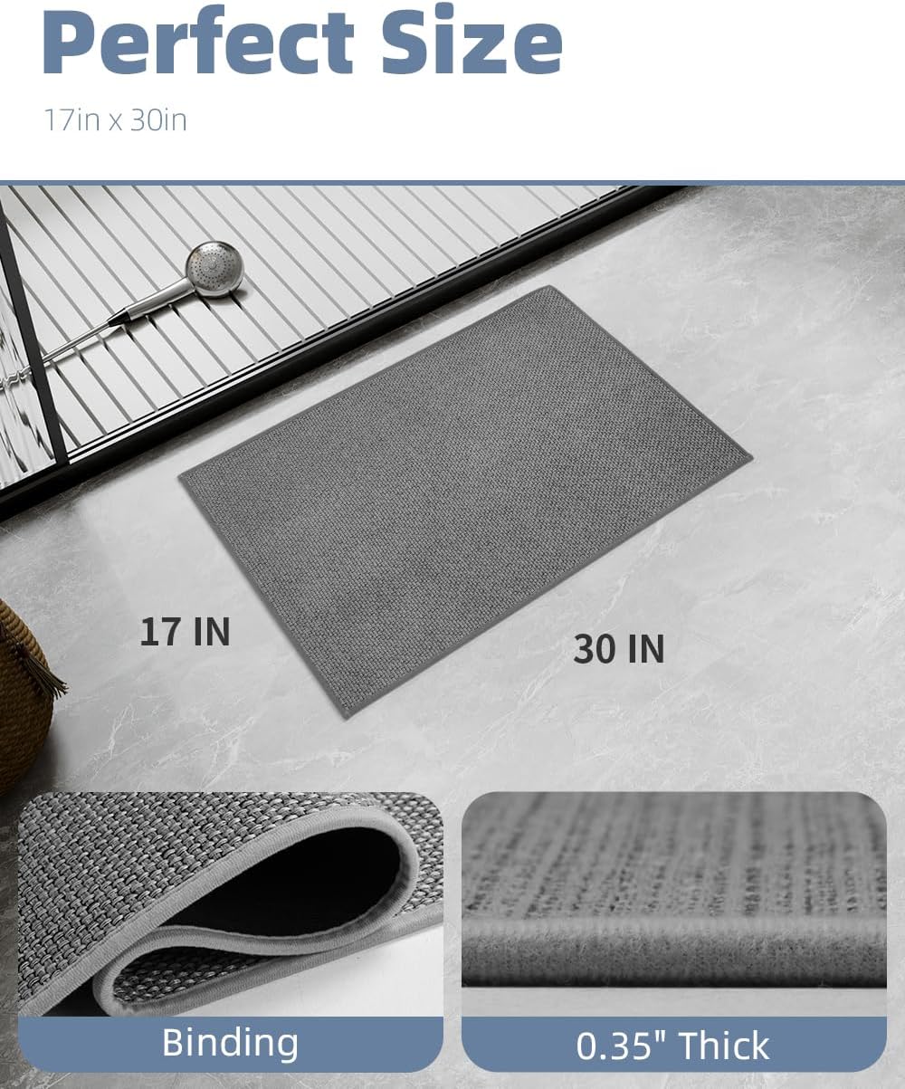 PADOOR Non-Slip Bath Mat With Rubber-Backing, Braided Absorbent Machine Washable Thin Rug for Bathroom Floor, Quick Dry, Fits Under Door, 17''x24'' Beige