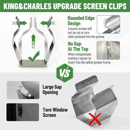 King&Charles Screen Repair Kit,5-in-1 Screen Roller Tool,0.14inx32ft Spline | Steel/Nylon Roller, 8 Clips, Hook Screen Door Repair Kit, Window Mesh, Window Screens, Patio and RV Mesh Replacement