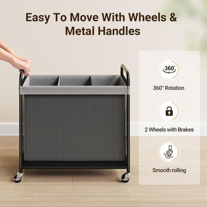 ELYKEN Laundry Hamper 3 Section, 120L Rolling Laundry Sorter with Removable Liner Bag, Laundry Basket with Wheels, Steel Frame with Metal Handle, Clothes Hamper Cart for Laundry Room & Bedroom