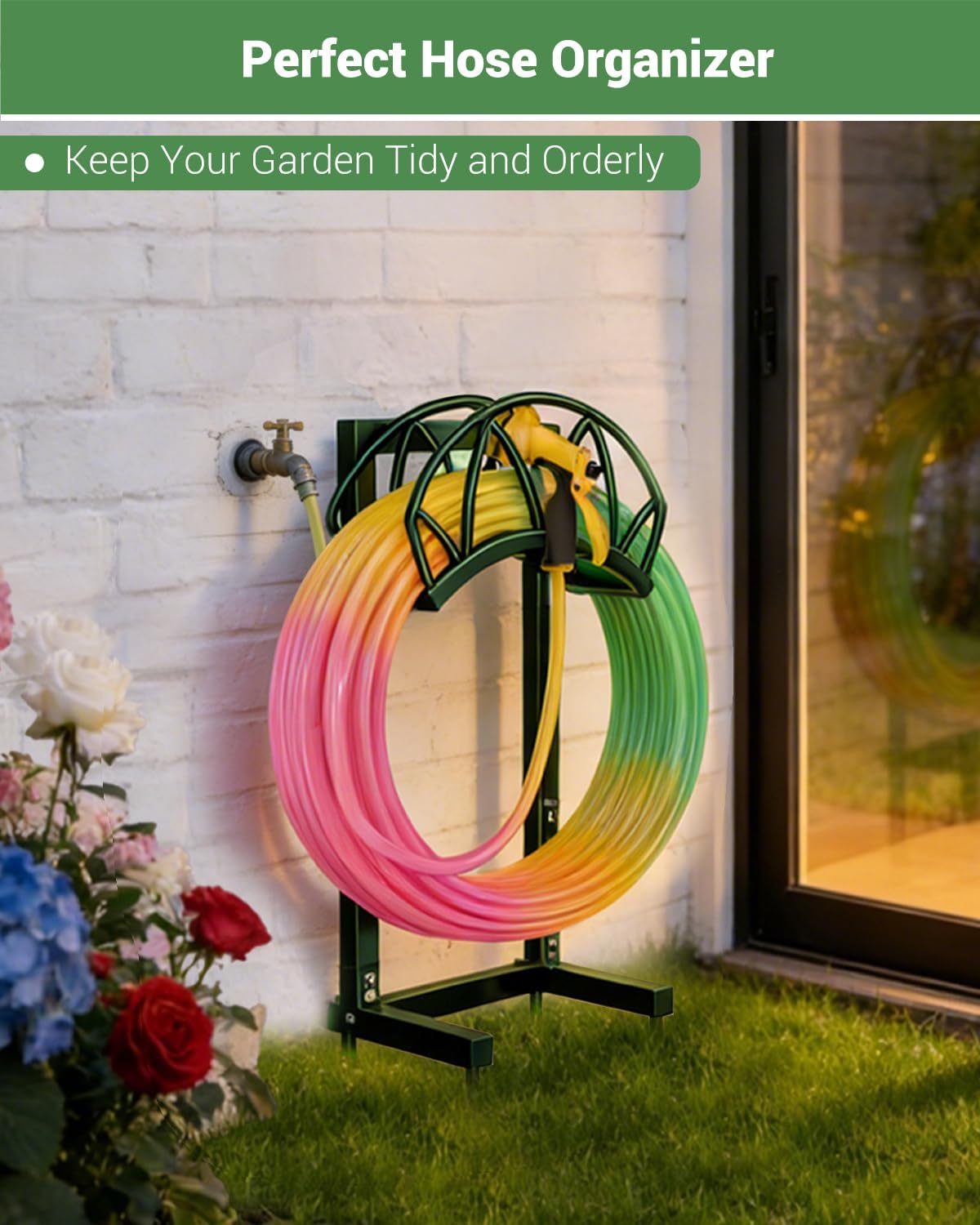 HZE Garden Hose Holder, Freestanding Water Hose Reel Stand for Outside, Heavy Duty Detachable Metal Storage Rack Holds 160 FT for Yard Lawn Farm, Black