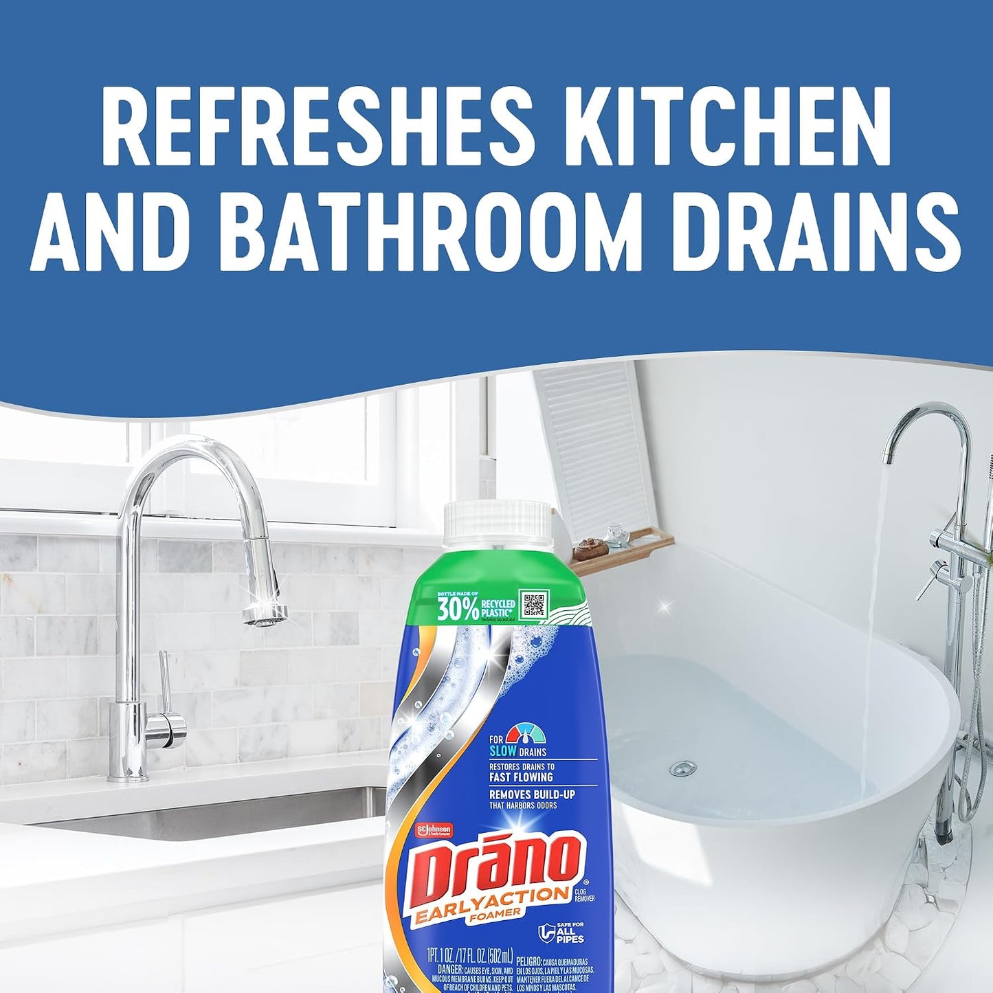 Drano EarlyAction Foamer, Drain Clog Remover & Cleaner, Unclogs Hair, Grease, Soap & Slow Drains, Removes Sources of Odor, Safe for Septic, Pipes, Garbage Disposals, Showers & Sinks, 17 Fl Oz