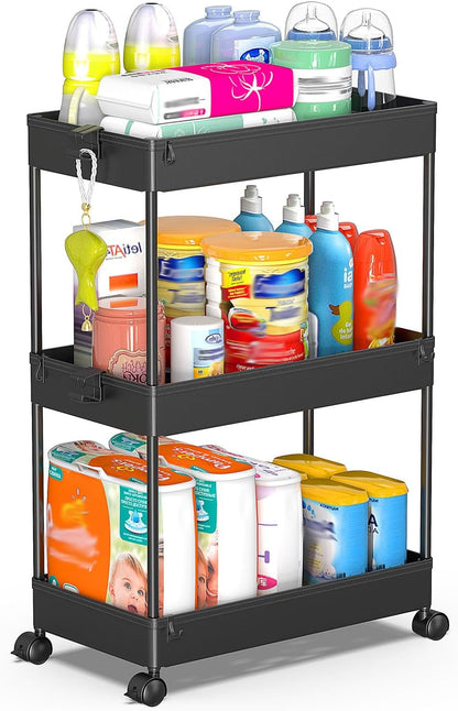 SPACEKEEPER 5-Tier Rolling Cart, Bathroom Storage Organizer Utility Cart, Mobile Shelving Unit Slide Out Shelves for Kitchen Living Room Laundry Room & Dressers, Black