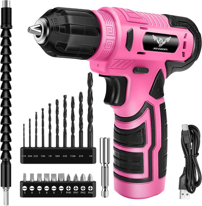 JENABOM Pink 3.6V USB Cordless Electric Screwdriver & Household Tool Kit | Power Screwdriver and Hand Tools in a Compact Box Case for Small Repair and Maintenance- Ideal Housewarming Gift, 112Pcs