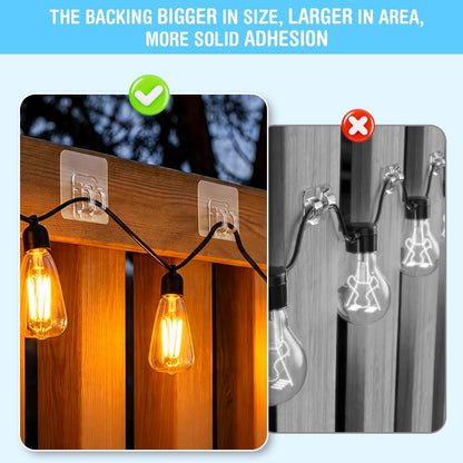 JMEXSUSS Hooks for Outdoor String Lights Clips: 50Pcs Heavy Duty Hooks with Waterproof Adhesive Strips, UV-Resistant Outside Transparent Clips for Hanging Christmas Lights, No Drill