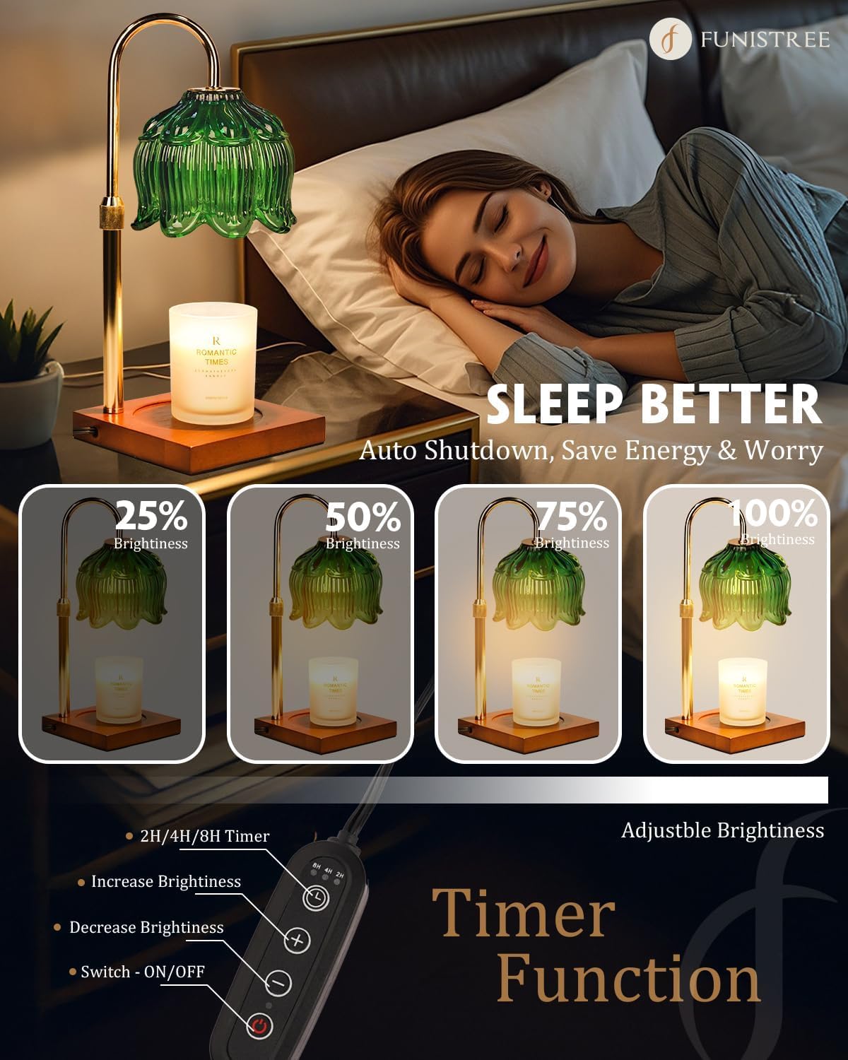 Funistree Flower Candle Warmer Lamp with Timer & Dimmer, Adjustable Height Candle Warmer, Christmas Birthday Gifts for Women Mom, House Warming New Home Decor, Wax Warmer with 2 Bulbs for Jar Candles