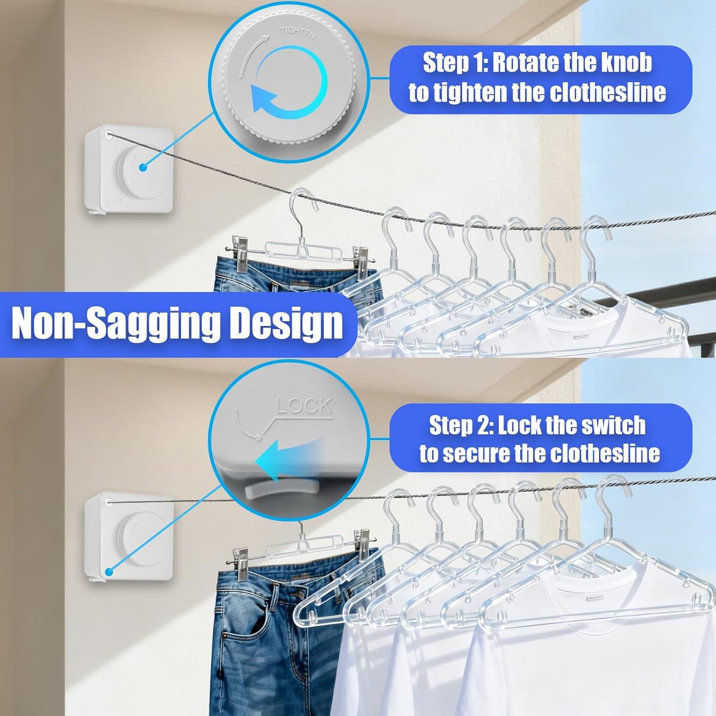 Retractable Clothesline Indoor & Outdoor, 16.2Ft Non-Sagging Stainless Steel Laundry Line with Wall Mounted Heavy Duty Design, Space-Saving Drying Rack for Bathroom, Balcony(1, White)
