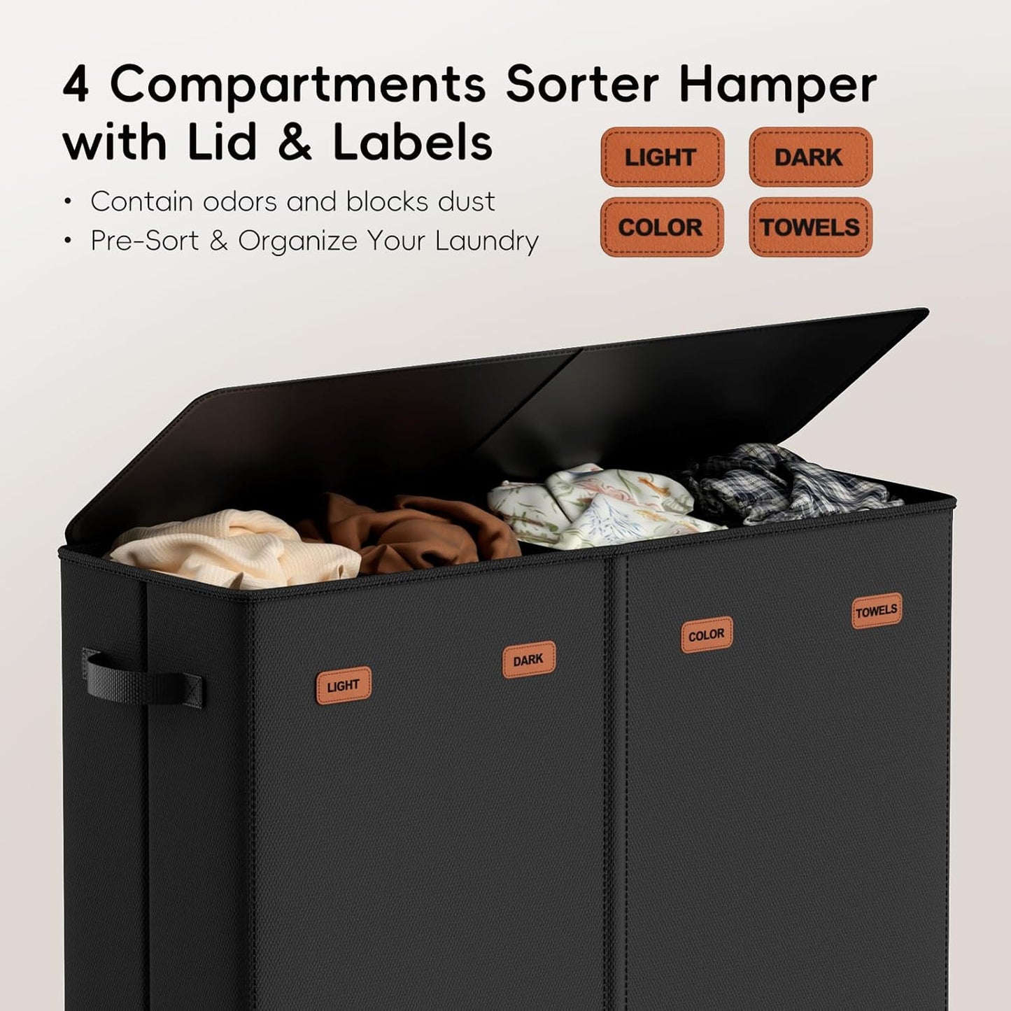 185L Laundry Hamper 3 Section, Laundry Hamper with Lid, Dirty Clothes Hamper with 3 Removable Washing Bags, Extra Large Laundry Basket Organizer for Bedroom, Laundry Room, Dorm - Black